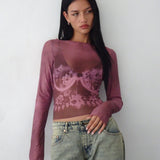 Armali Long Sleeve Top in Burgundy with Lace Bra Scan