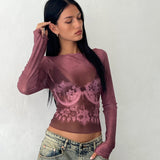 Armali Long Sleeve Top in Burgundy with Lace Bra Scan