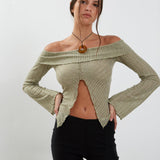 Celeste Long Sleeve Bardot Knitted Top in Sage