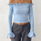 Delaney Knitted Frill Bardot Top in Baby Blue