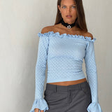 Delaney Knitted Frill Bardot Top in Baby Blue