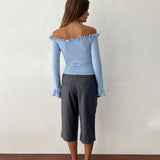 Delaney Knitted Frill Bardot Top in Baby Blue