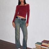 Gavya Long Sleeve Top in Red with White Piping