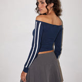 Gavya Long Sleeve Top in Navy with White Piping