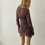 Harper Distressed Knitted Mini Dress in Maroon
