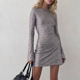 Kimberly Open Back Mini Dress in Silver Sequin