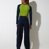 Kyati Long Sleeve Crop Top in Wasabi Navy and Green