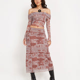 Nadhira Long Sleeve Mesh Bardot Top in Botanical Bleed Warm Grey