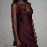 Litera Ruffle Mini Dress in Deep Plum with Rosette