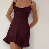 Litera Ruffle Mini Dress in Deep Plum with Rosette