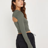 Matea Long Sleeve Top in Duck Green with Yellow Top Stitch