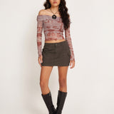 Nadhira Long Sleeve Mesh Bardot Top in Botanical Bleed Warm Grey
