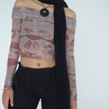 Nadhira Long Sleeve Mesh Bardot Top in Botanical Bleed Warm Grey