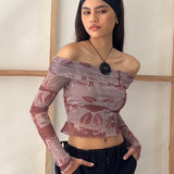 Nadhira Long Sleeve Mesh Bardot Top in Botanical Bleed Warm Grey