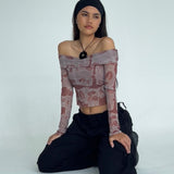 Nadhira Long Sleeve Mesh Bardot Top in Botanical Bleed Warm Grey
