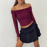Nauri Mesh Bardot Top in Maroon