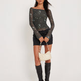 Neira Long Sleeve Mesh Bardot Top in Floral Khaki Silhouette
