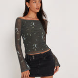 Neira Long Sleeve Mesh Bardot Top in Floral Khaki Silhouette