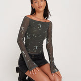 Neira Long Sleeve Mesh Bardot Top in Floral Khaki Silhouette