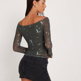 Neira Long Sleeve Mesh Bardot Top in Floral Khaki Silhouette