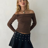 Neira Long Sleeve Bardot Top in Textured Knit Mocha