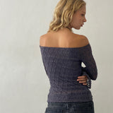 Neira Long Sleeve Bardot Top in Textured Knit Ocean Storm