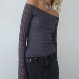 Neira Long Sleeve Bardot Top in Textured Knit Ocean Storm