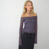Neira Long Sleeve Bardot Top in Textured Knit Ocean Storm
